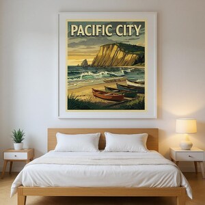 Pacific City Oregon Surf Poster framed in a modern bedroom setting