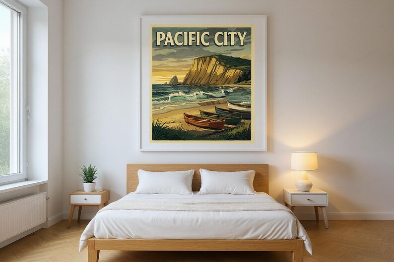 Pacific City Oregon Surf Poster framed in a modern bedroom setting