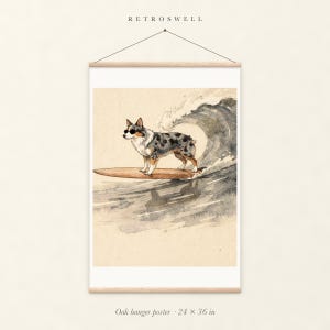 Australian Shepherd Surfing oak hanger poster, 24 by 36 inches, with natural wood rails and a hanging cord.
