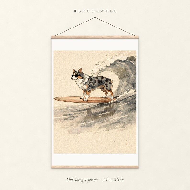 Australian Shepherd Surfing oak hanger poster, 24 by 36 inches, with natural wood rails and a hanging cord.