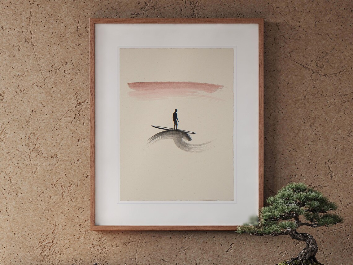 Surfer Gift printable art, shown printed in a Red Oak frame with a white mat, hanging above the cabinet in a tea room.