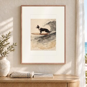 Black and White Surfing Dog Art Print, Framed or Unframed Coastal Poster image 2