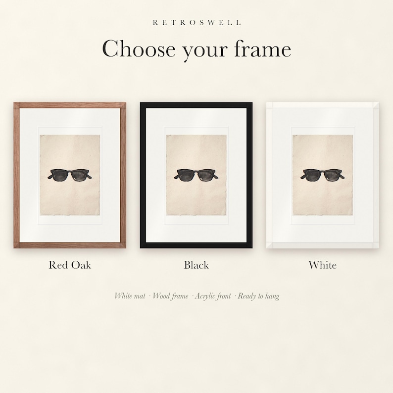 Frame options for Wayfarer Sunglasses Sumi-e Ink: Red Oak, black and white wood frames, each with a white mat.