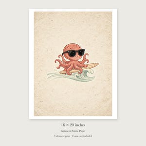 Surfing Octopus unframed 16 by 20 inch print on enhanced matte paper, shown with its white paper border.