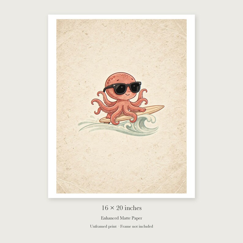 Surfing Octopus unframed 16 by 20 inch print on enhanced matte paper, shown with its white paper border.