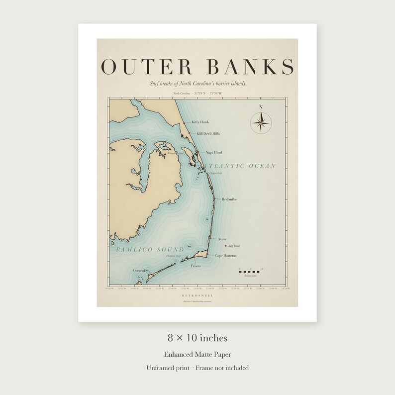 Outer Banks Surf Map unframed 8 by 10 inch print on enhanced matte paper, shown with its white paper border.
