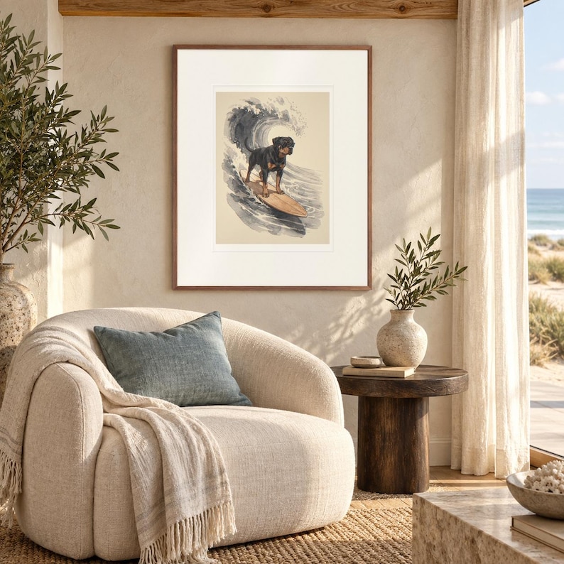 Rottweiler Surfing print in a Red Oak frame with a white mat in a light-filled coastal sitting room.