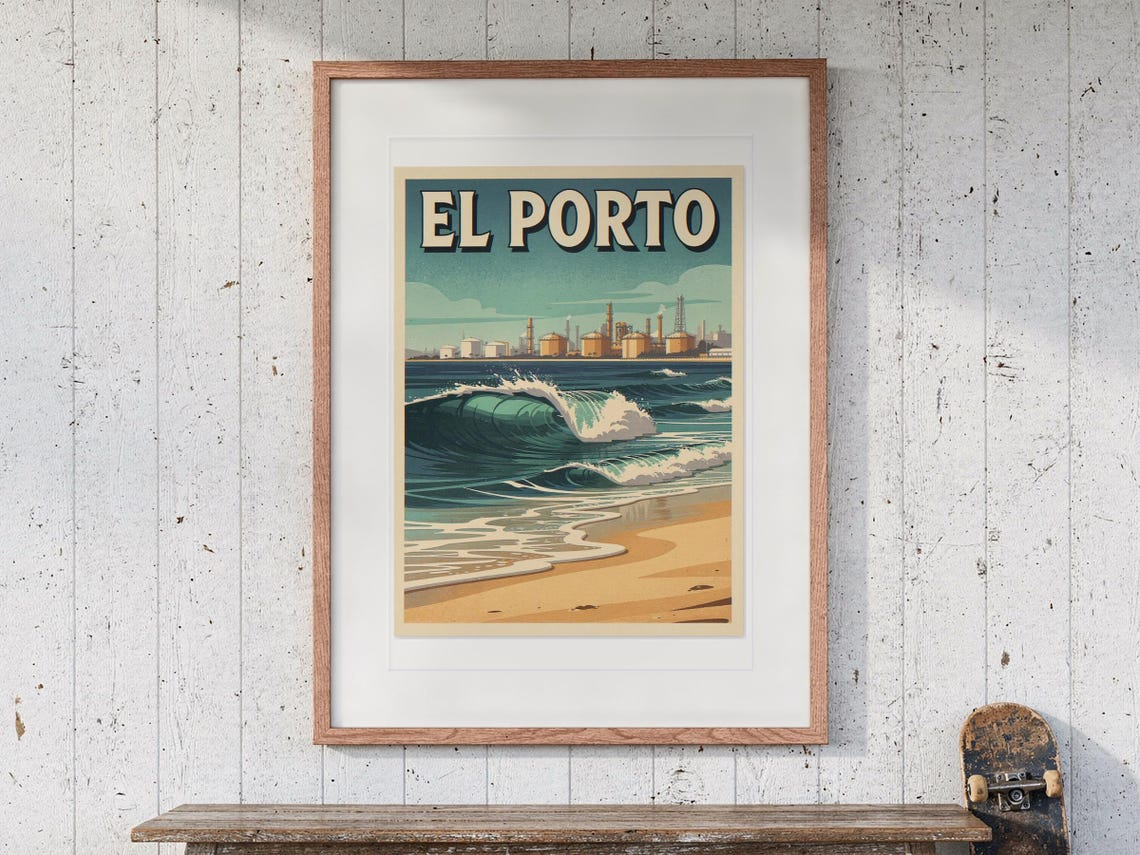 El Porto Manhattan Beach Surf Travel Poster print in a Red Oak frame with a white mat, hanging above the bench in a beach cottage entryway.