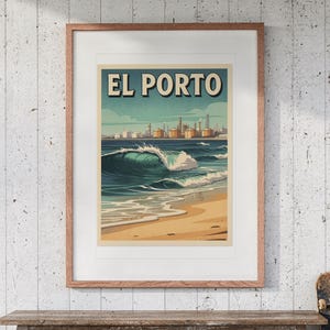 El Porto Manhattan Beach Surf Travel Poster print in a Red Oak frame with a white mat, hanging above the bench in a beach cottage entryway.