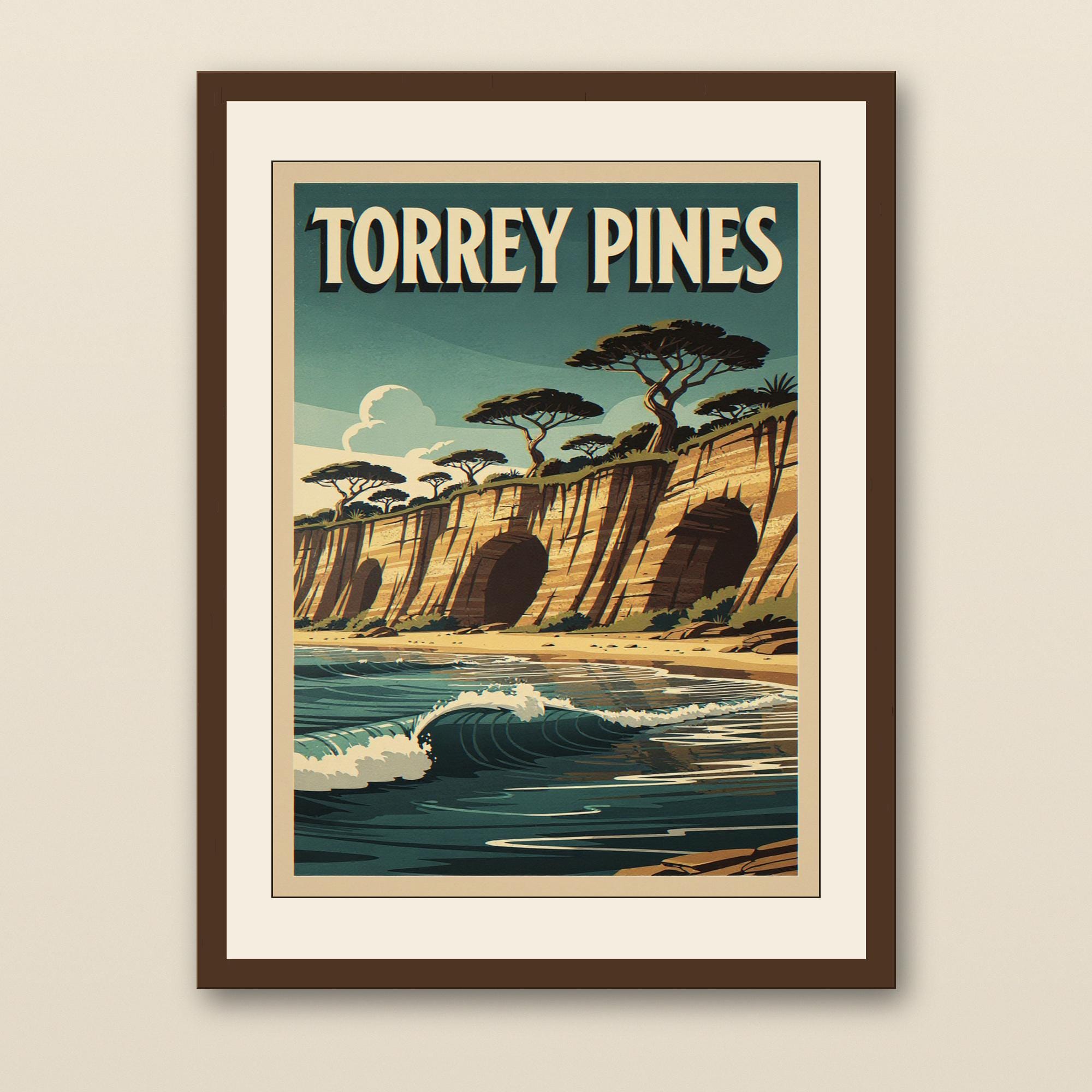 Torrey Pines Surf Poster - walnut framed art print with cream mat on plaster wall