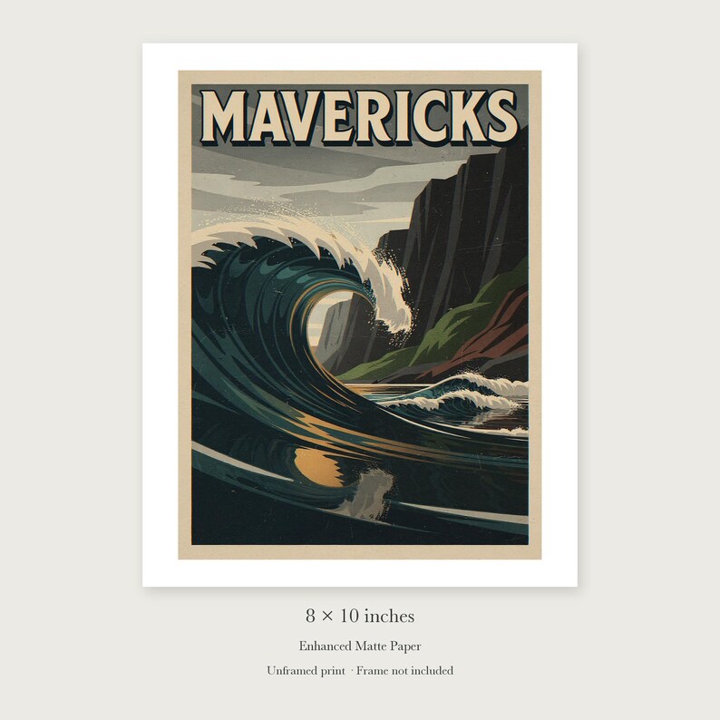 Mavericks Surf Travel Poster, Framed or Unframed Vintage Style Coastal Print image 7