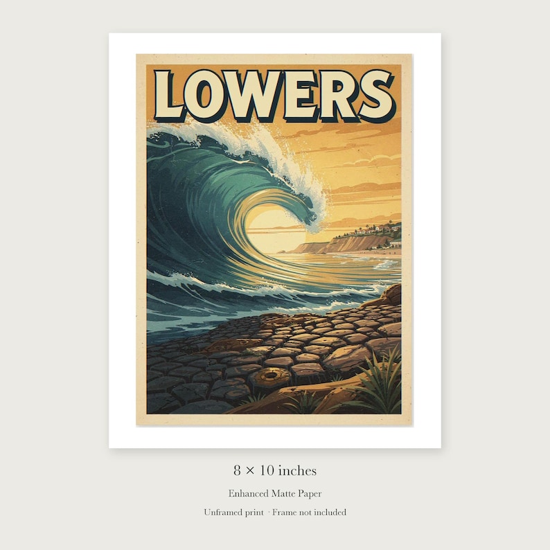 Lowers Trestles Surf unframed 8 by 10 inch print on enhanced matte paper, shown with its white paper border.