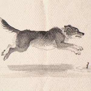 Xieyi Ink Dog Chasing Stick Into Surf Print framed in a home office setting