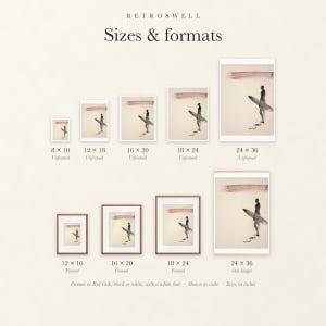 Sizes and formats for Surfer Ink Style, shown to scale: unframed prints from 8 by 10 to 24 by 36 inches, oak hanger and framed prints.