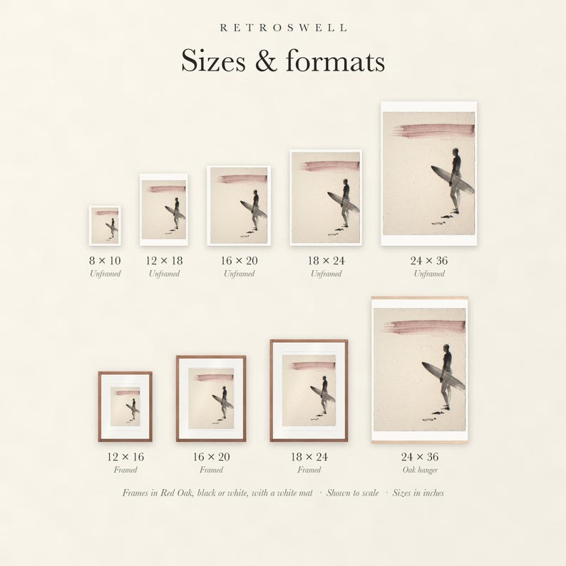 Sizes and formats for Surfer Ink Style, shown to scale: unframed prints from 8 by 10 to 24 by 36 inches, oak hanger and framed prints.