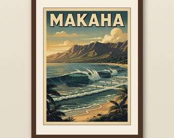 Póster de surf de Makaha, Hawái / Póster de viaje de surf vintage / Arte mural playero retro / Decoración costera imprimible
