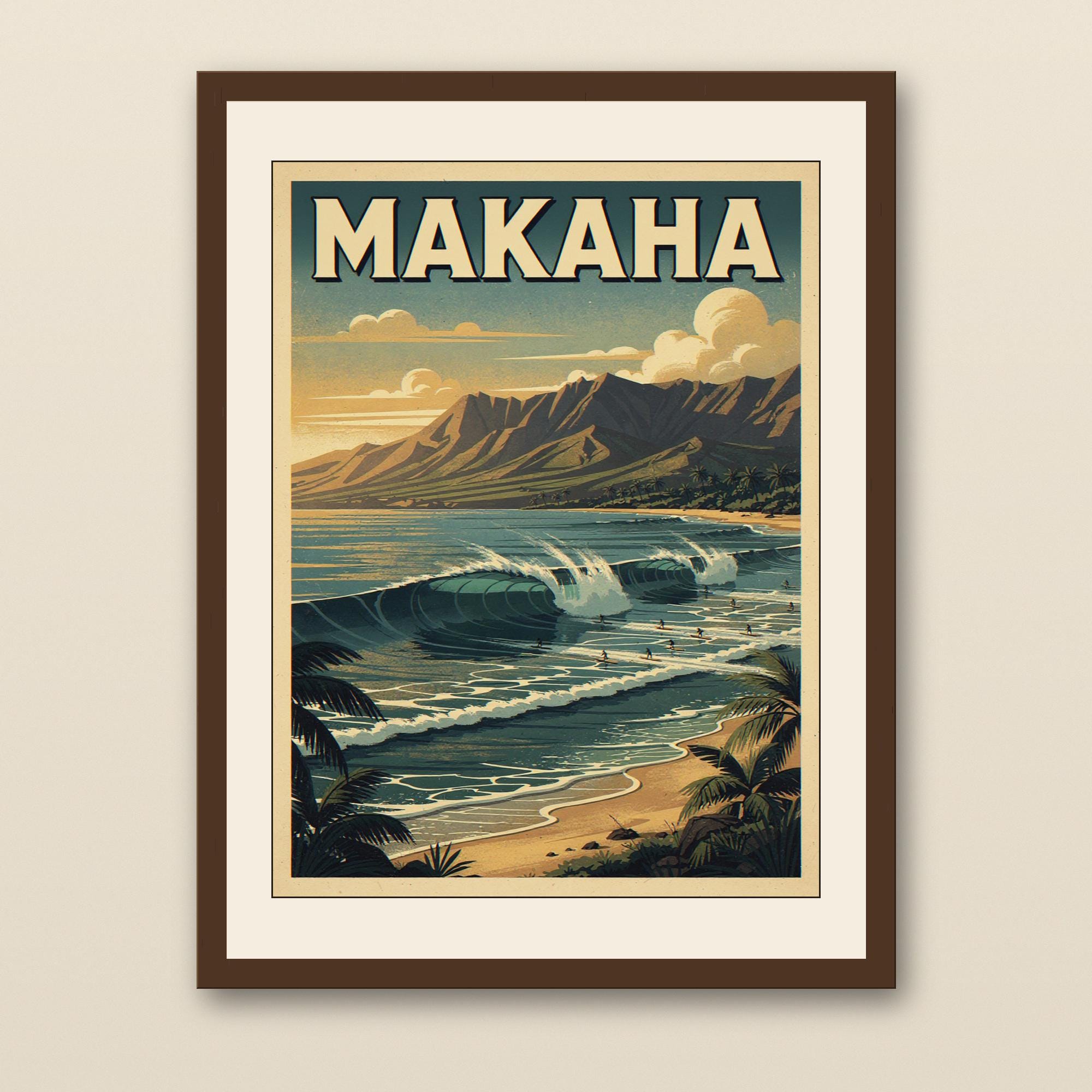 Makaha Hawaii Surf Poster - walnut framed art print with cream mat on plaster wall