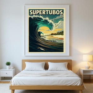 Supertubos Portugal Surf Poster framed in a modern bedroom setting