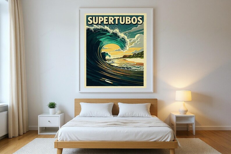 Supertubos Portugal Surf Poster framed in a modern bedroom setting