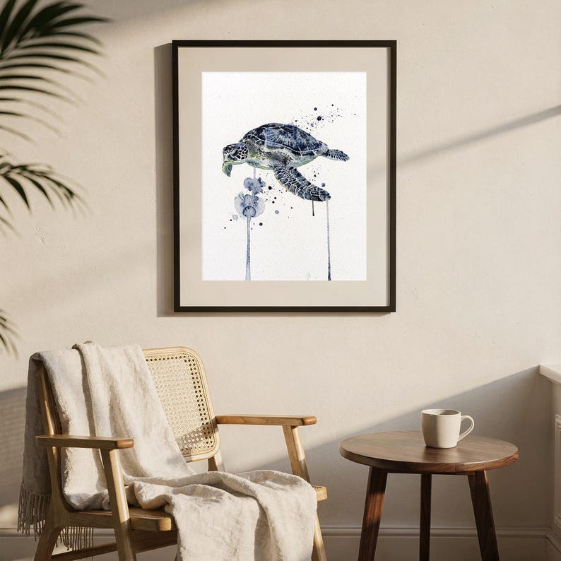 Sea Turtle Watercolor Print Coastal Wall Art Indigo Blue Ocean Painting Beach House Decor Printable Wall Art Digital Download image 8