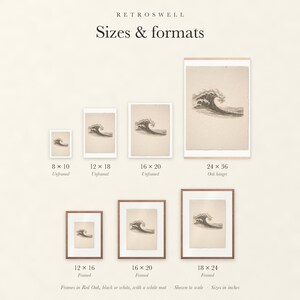 Sizes and formats for Wave Etching Style, shown to scale: unframed prints, oak hanger and framed prints.
