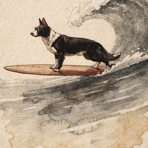 Black and White Surfing Dog Art Print, Framed or Unframed Coastal Poster image 10
