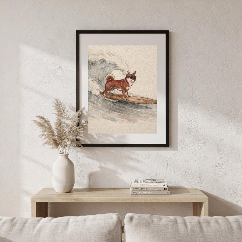 Shiba Inu Surfing Print | Watercolor Dog Wall Art | Coastal Beach Decor | Printable Instant Download | Shiba Gift image 3