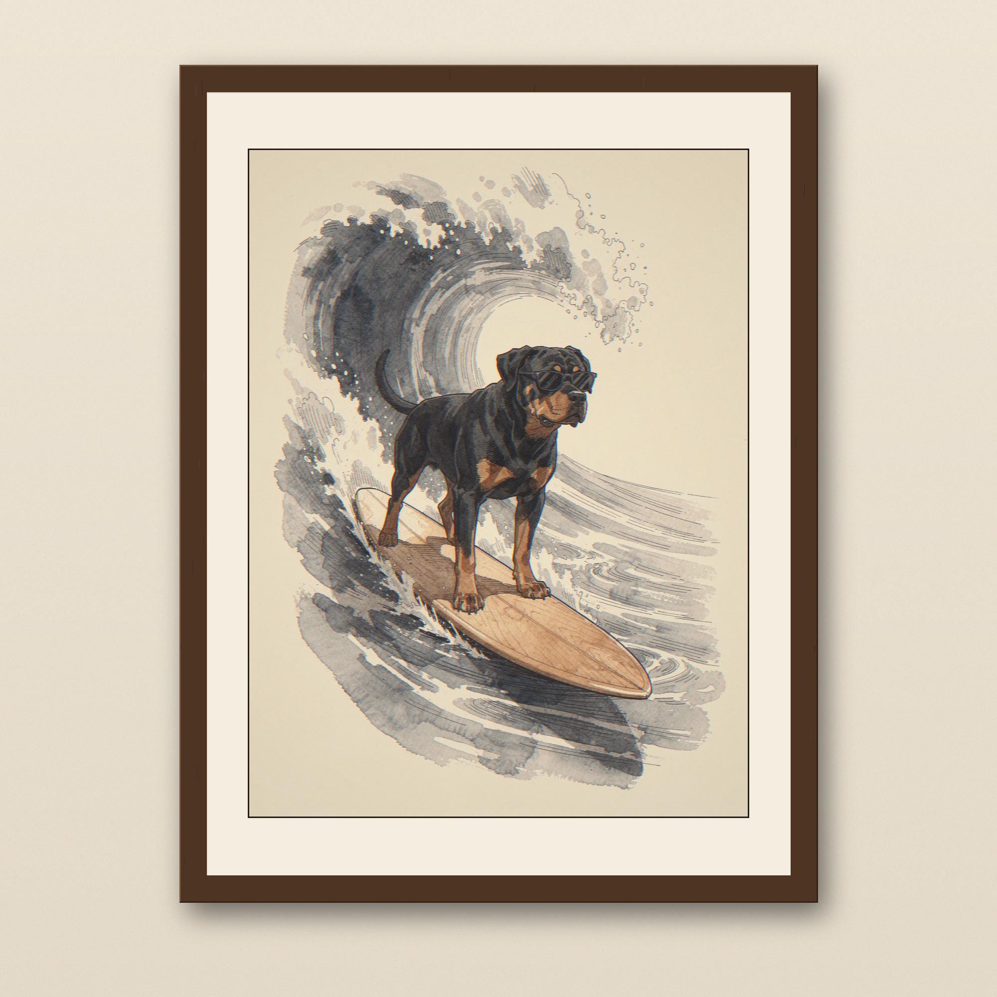 Rottweiler Surfing Print - walnut framed art print with cream mat on plaster wall