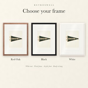 Frame options for Hanalei Bay Surf Pennant: Red Oak, black and white wood frames, each with a white mat.