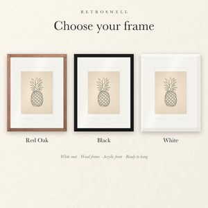 Frame options for Pineapple Line: Red Oak, black and white wood frames, each with a white mat.