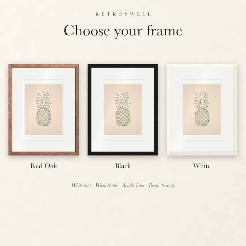 Frame options for Pineapple Line: Red Oak, black and white wood frames, each with a white mat.