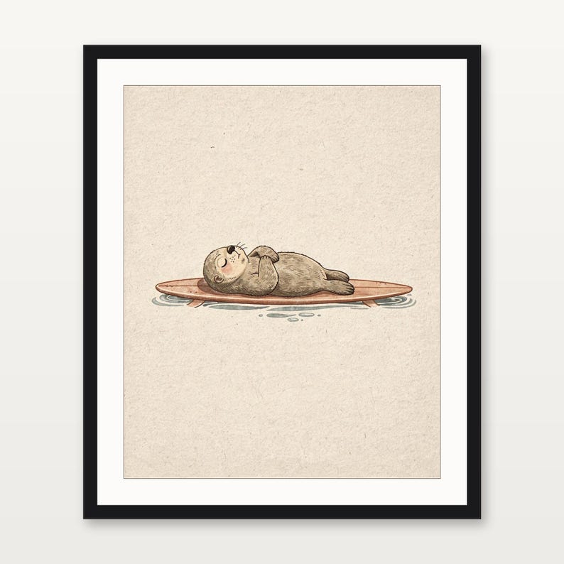 Lámina con diseño de nutria marina y tabla de surf, arte infantil de nutria adorable, decoración costera para habitaciones infantiles, ilustración de animales de playa, descarga digital de arte mural imprimible. imagen 3