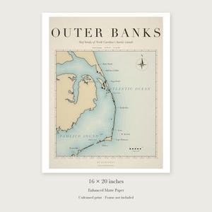 Outer Banks Surf Map unframed 16 by 20 inch print on enhanced matte paper, shown with its white paper border.