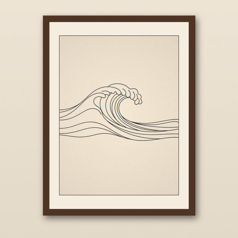 Boho Breaking Wave Line Art - walnut framed art print with cream mat on plaster wall