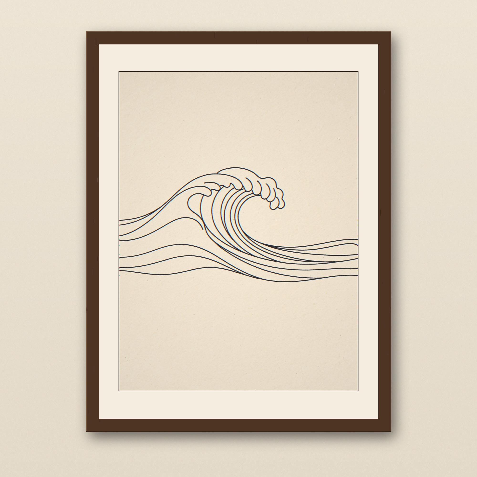 Boho Breaking Wave Line Art - walnut framed art print with cream mat on plaster wall