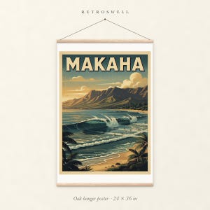 Makaha Surf oak hanger poster, 24 by 36 inches, with natural wood rails and a hanging cord.
