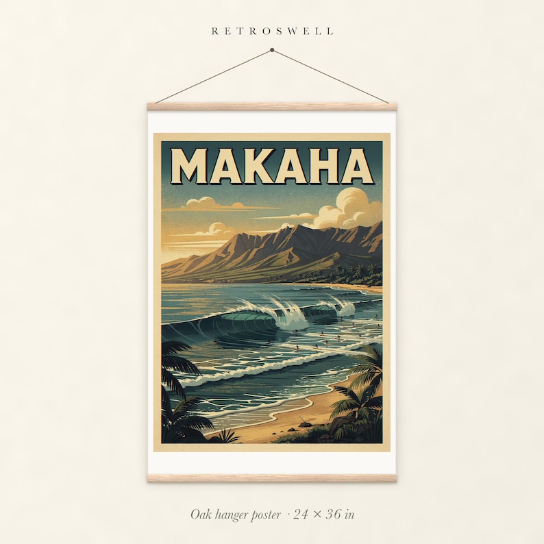 Makaha Surf oak hanger poster, 24 by 36 inches, with natural wood rails and a hanging cord.
