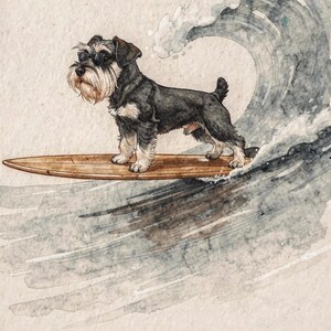 Miniature Schnauzer surfing art, full artwork: watercolor and ink dog in sunglasses on a wooden longboard riding a curling wave.