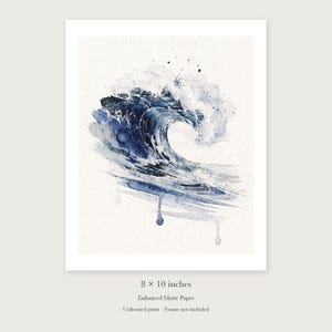 Prussian Blue Wave Watercolor Art Print, Framed or Unframed Coastal Ocean Poster image 7
