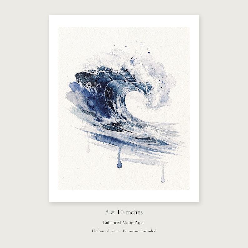Prussian Blue Wave Watercolor Art Print, Framed or Unframed Coastal Ocean Poster image 7