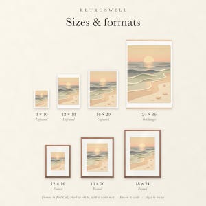 Sizes and formats for Pastel Sunset Shoreline Nursery, shown to scale: unframed prints, oak hanger and framed prints.