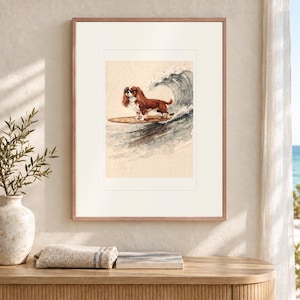 Lámina artística de Cavalier King Charles Spaniel surfeando, póster de perro costero con o sin marco. imagen 12