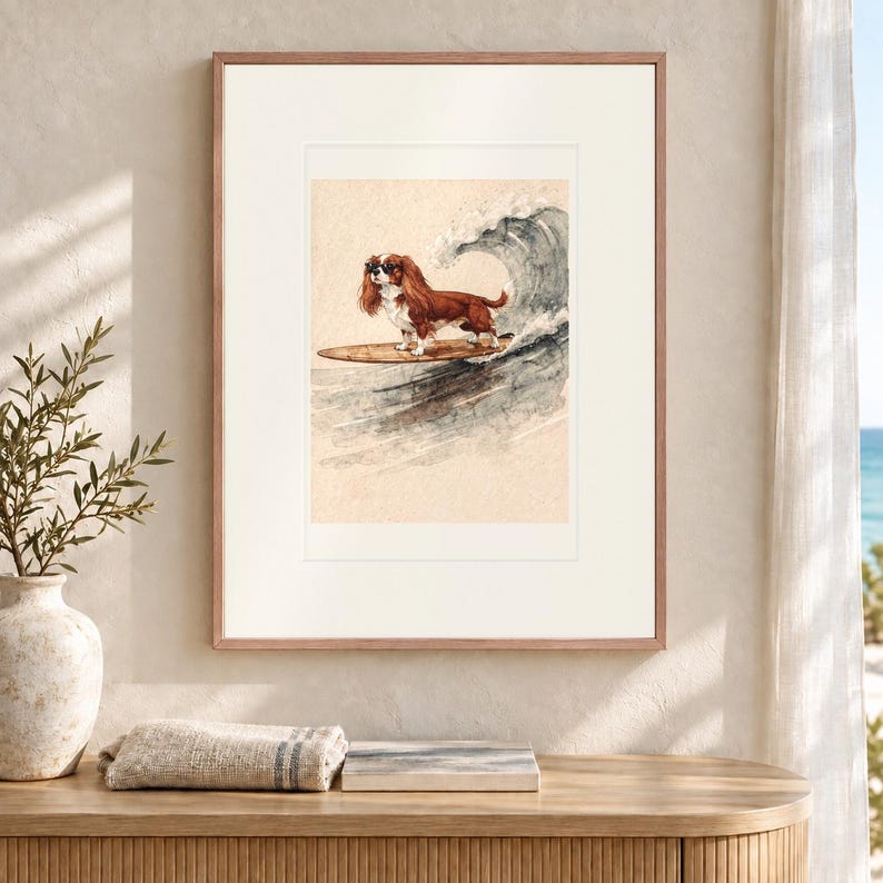 Lámina artística de Cavalier King Charles Spaniel surfeando, póster de perro costero con o sin marco. imagen 12