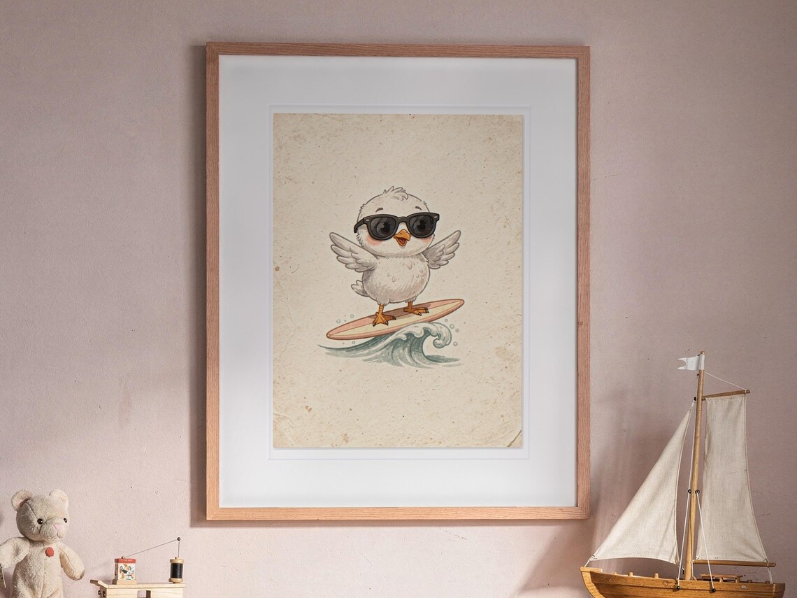 Seagull Surfing print in a Red Oak frame with a white mat, hanging above the bookshelf in a nursery.
