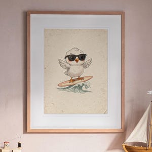 Seagull Surfing print in a Red Oak frame with a white mat, hanging above the bookshelf in a nursery.