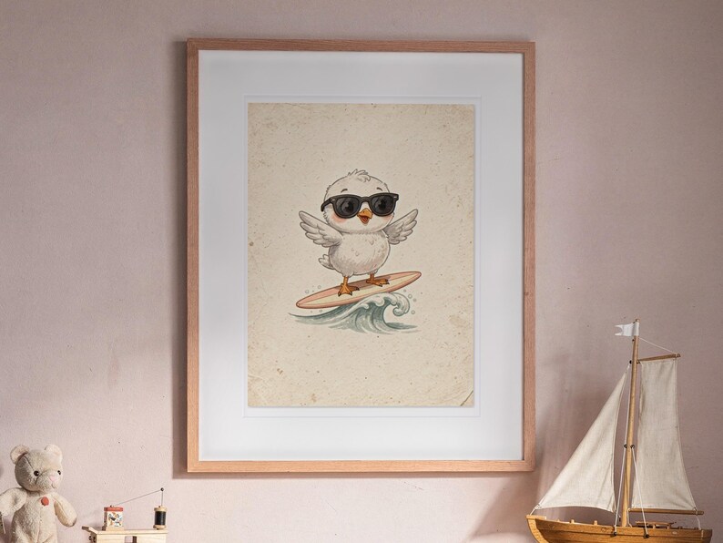 Seagull Surfing print in a Red Oak frame with a white mat, hanging above the bookshelf in a nursery.