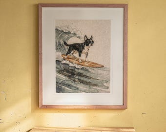 Lámina artística de Boston Terrier surfeando, póster de perro costero con o sin marco.
