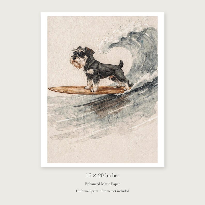 Miniature Schnauzer Surfing unframed 16 by 20 inch print on enhanced matte paper, shown with its white paper border.
