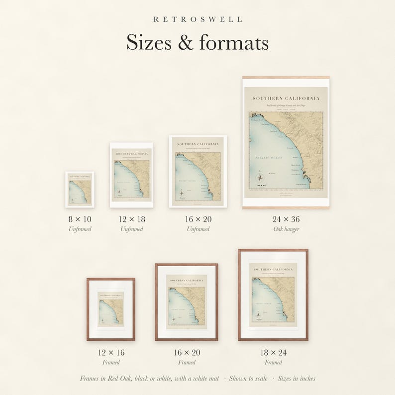 Sizes and formats for Southern California Surf Map, shown to scale: unframed prints, oak hanger and framed prints.