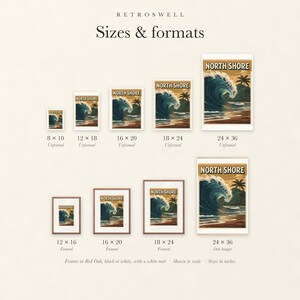 Sizes and formats for North Shore Surf, shown to scale: unframed prints from 8 by 10 to 24 by 36 inches, oak hanger and framed prints.